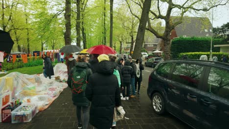 People-passing-by-stalles-with-umbrella's-during-Koningsdag-at-Oud-Zuid-Apollolaan