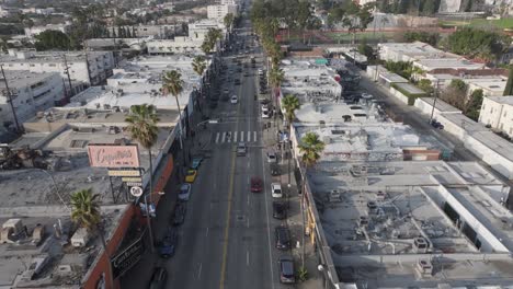 Coches-Circulando-Por-La-Moderna-Calle-Bordeada-De-Palmeras,-Distrito-De-Fairfax,-Canter&#39;s-En-Los-Ángeles,-Antena