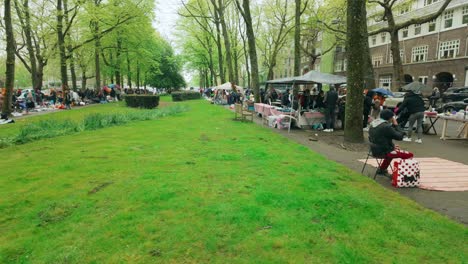 Mercado-De-Pulgas-Del-Día-Del-Rey-De-Amsterdam-Apollolaan-En-La-Avenida-De-Clase-Alta-Con-árboles-Verdes-Y-Hierba