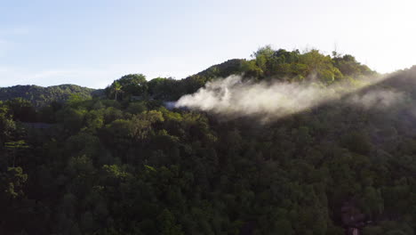 Close-up,-isolated,-aerial-view-of-giant-plumes-of-smoke-rising-from-the-forest-atop-a-mountain