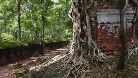 Flight-over-stone-wall-to-overgrown-temple-tower-at-Koh-Ker,-Cambodia