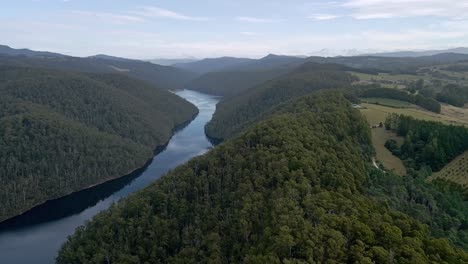 Drone-shot-of-dense-bush-forest,-still-lake-water-and-farmland-at-Lake-Barrington-near-Sheffield-in-Tasmania,-Australia