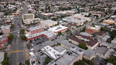 Aerial-Drone-Flyover-Downtown-Glendale-Business-Neighborhood-Cityscape,-California-USA