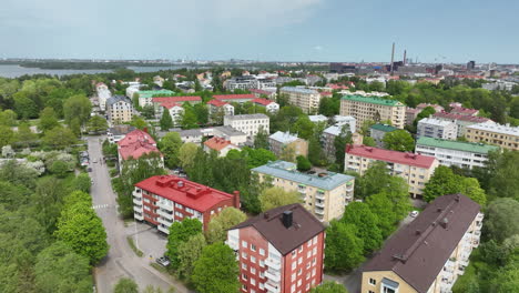 Aerial-view-circling-condominium-of-the-Lauttasaari,-sunny-summer-day-in-Helsinki