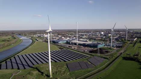 Wind-turbines,-water-treatment-and-bio-energy-facility-and-solar-panels-in-The-Netherlands