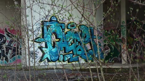 Vivid-graffiti-art-blooms-on-derelict-walls-of-Zagreb's-abandoned-university-hospital,-shrouded-by-budding-spring-branches