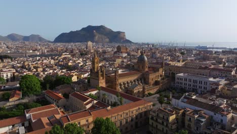 Drone-Ascends-to-Reveal-Beautiful-Palermo-Cathedral-in-Sicilian-City-at-Sunrise