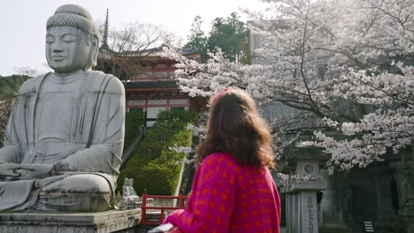 Woman-Admiring-The-Beauty-Of-Tsubosakadera-Temple-With-Buddha-And-Cherry-Blossoms-In-Japan
