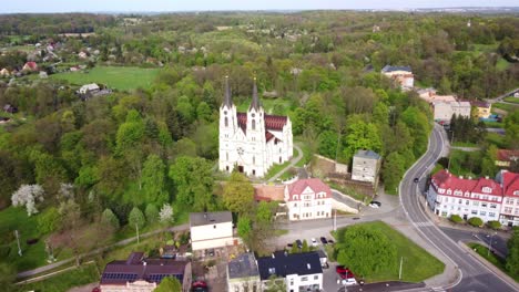 Flying-On-Church-Of-the-Nativity-of-the-Virgin-Mary-In-Orlova,-Silesia,-Czech-Republic