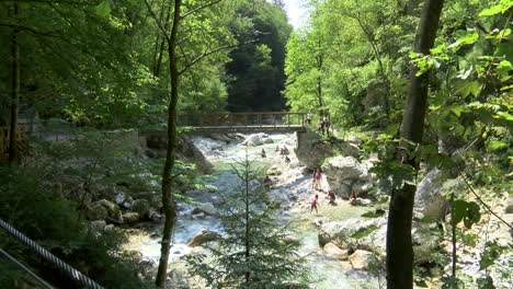 People-having-fun-in-cold-Tolminka-river-in-gorges,-wide-shot-with-bridge-and-trees