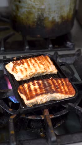 Fish-steaks-cooking-on-grill-over-open-flame-on-small-stove,-vertical-close-up