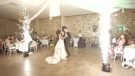 Static-shot-of-a-newly-married-couple-enjoying-their-first-dance-with-sparklers