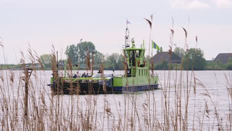 Ferry-sails-behind-the-reeds,-flag-at-half-mast-in-connection-with-Remembrance-Day