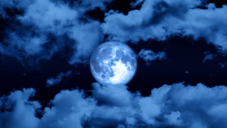 Animación-De-La-Luna-Llena-En-Un-Cielo-Nocturno-Azul-Nublado-Con-Estrellas-Parpadeantes