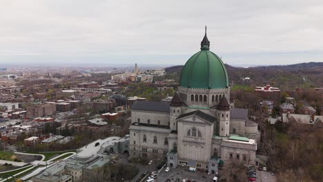 aerial-view-of-Saint-Joseph's-Oratory-of-Mount-Royal,-Montreal,-Catholic-shrine-basilica-in-Quebec-Canada,-scenic-cityscape-at-distance