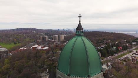close-up-of-old-green-dome-of-Saint-Joseph's-Oratory-of-Mount-Royal,-with-cityscape-of-Montreal-city-at-distance-,-aerial-footage