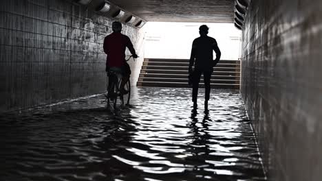 Anwohner-überqueren-Eine-überflutete-Fußgängerunterführung,-Nachdem-Der-Regen-Am-02.-Mai-2024-Die-Vereinigten-Arabischen-Emirate-Heimgesucht-Hatte
