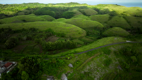 Like-little-mouse,-girl-on-scooter-driving-amongst-lush-green-teletubbies