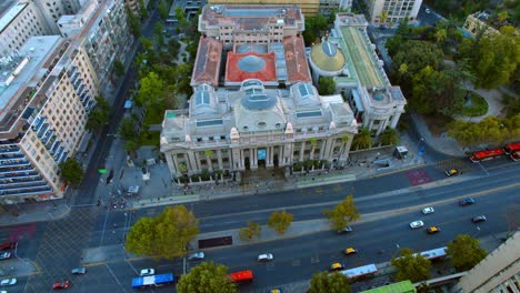 The-national-library-of-chile-in-santiago-during-early-evening,-aerial-view