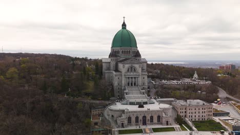 aerial-of-historical-site-Saint-Joseph's-Oratory-of-Mount-Royal,-Montreal,-drone-rotate-around-roman-Catholic-basilica-landmark