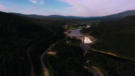 Aerial-view-away-from-the-Nedre-Fiskumfoss-Kraftverk-dam,-in-Trondelag,-Norway