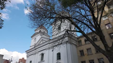 Basilica-of-Our-Lady-of-Candelaria,-Medellín,-framed-by-leafless-tree-branches-against-a-clear-sky