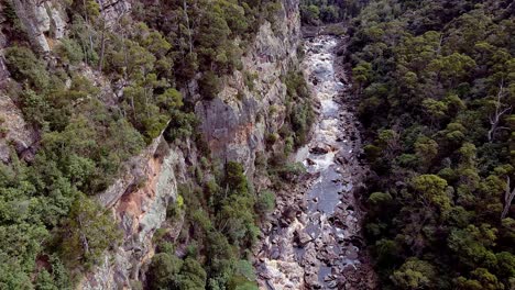Aerial-drone-pan-shot-from-right-to-left-over-Leven-Canyon-in-Tasmania,-Australia-on-a-sunny-day