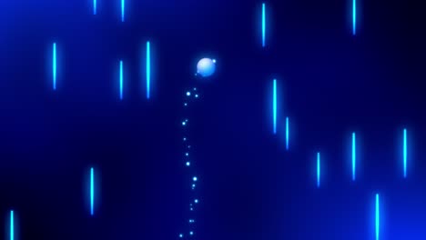 Abstract-retro-game-animation-of-a-ball-shape-flying-through-obstacles-and-emitting-particles