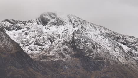 Slow-panning-shot-establishing-the-snowy-summit-of-beinn-a-bheithir,-Scotland