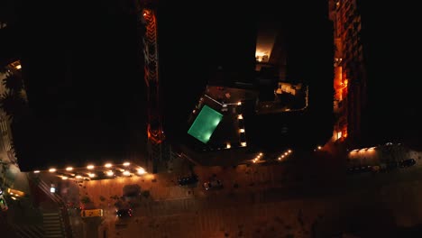 Aerial-Top-Down-Shot-of-Cathedral-in-Malaga-City-in-Andalusia,-Spain-at-Night