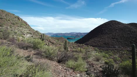 El-Paisaje-Del-Desierto-Seco-En-El-Camino-A-Bahía-Concepción,-Baja-California-Sur,-México---Drone-Volando-Hacia-Adelante