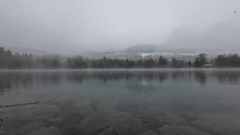 La-Nieve-Cae-Sobre-El-Lago-Con-Agua-Cristalina-Con-Bosque-En-El-Fondo-En-Austria,-Europa
