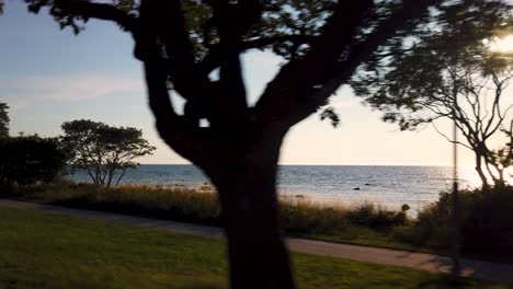 Sonnenuntergang-Am-Meer-Mit-Baumsilhouetten-In-Visby,-Gotland,-Warmes-Licht-Taucht-Die-Ruhige-Landschaft-In-Licht,-Lichtreflexe