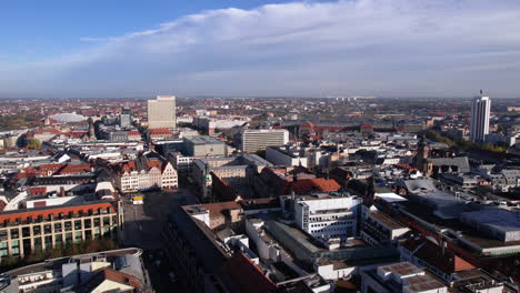 Downtown-Leipzig,-Germany-on-Sunny-Day,-Drone-Aerial-View