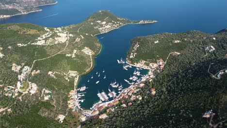 Aerial-Panoramic-of-Seaside-Sivota-Town-Bay,-Lefkada,-Greece