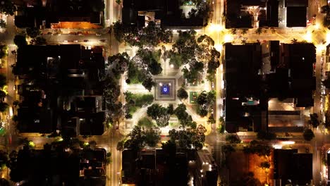 Aerial-Night-Hyperlapse-of-Plaza-San-Martin-de-Posadas,-Misiones,-Argentina