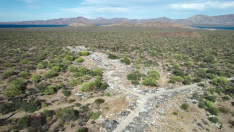 Trash-Scattered-Along-the-Roadside-Diminishing-the-Beauty-of-the-Desert-Landscape-in-Mulege,-Baja-California-Sur,-Mexico---Orbit-Drone-Shot