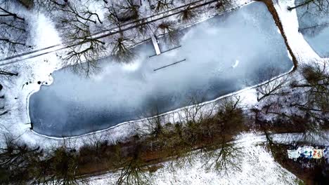 Lago-Congelado-En-El-Bosque-Drone-Cinematográfico-De-Arriba-Hacia-Abajo