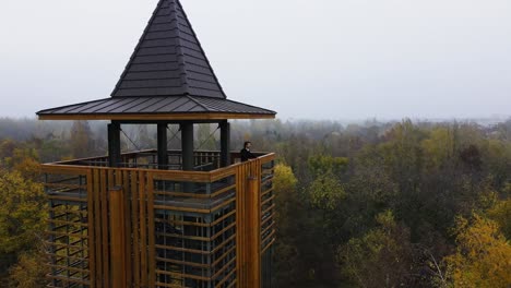 Man-standing-in-observation-tower-above-forest-arboretum,-establisher