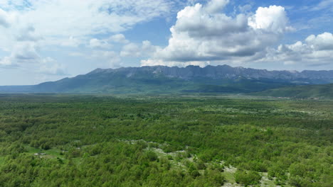 Early-spring-view-from-above-a-mountainous-plateau,-with-fresh-grass-and-sporadic-forests,-extending-towards-distant-peaks-under-a-sky-scattered-with-clouds