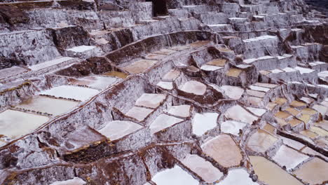 Salt-Mines-of-Maras-in-the-Sacred-Valley-of-Peru,-aerial-orbit-of-textured-pattern-pools