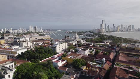 Aerial,-view-at-rooftops-of-Cartagena-city,-marvelous-coastal-cityscape