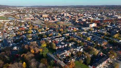 Wide-aerial-shot-of-American-city-during-autumn