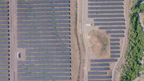 Aerial-top-down-of-solar-power-station-with-cell-units-in-summer