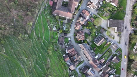 Birdeye-view-of-the-Walensee-Wessen,-Switzerland-from-top-shows-roads-with-vehicles-running,-side-mountain-with-green-grass-and-houses