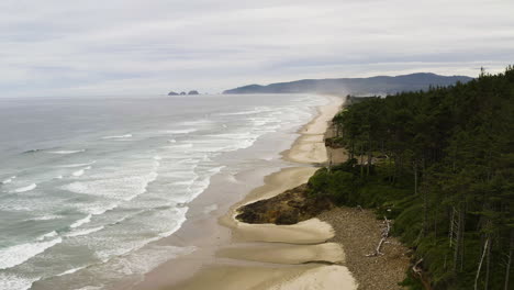 Ocean-spray-rises-on-beach-with-tall-conifer-trees-at-Cape-Lookout,-Oregon-Coast