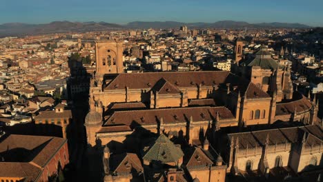 Aerial-View-Of-Granada-Cathedral-During-Golden-Hour-Sunset