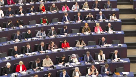 Close-shot-of-European-politicians-during-the-EU-plenary-session-in-Strasbourg,-France