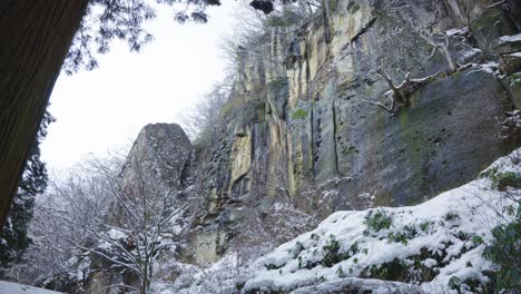 Icy-Cliffs-in-Forest-of-Yamadera-Temple,-Yamagata-Japan