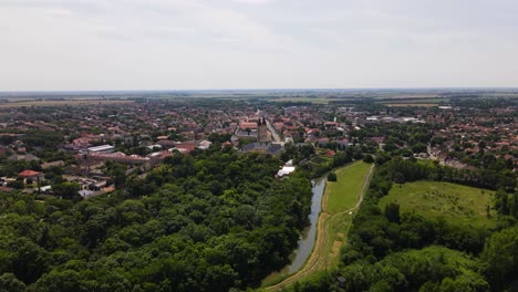 Aerial-establishing-view-of-small-European-town,-Kalocsa,-Hungary